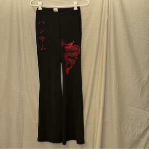 SHEIN Black Lounge Pants with Red Dragon & Kanji Detail - M